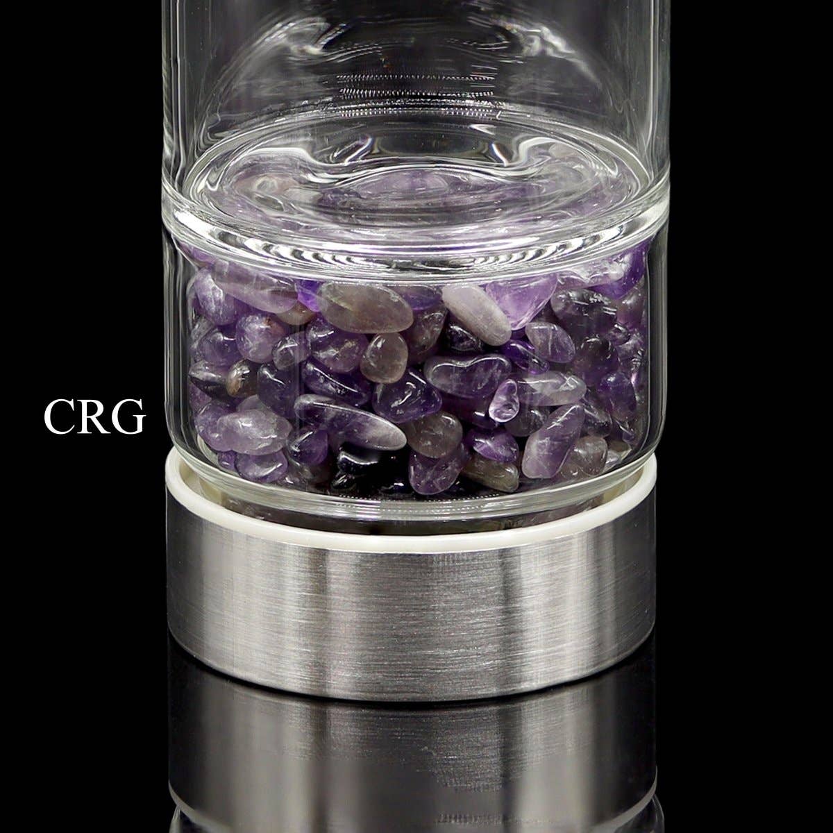 QTY 1 - Metal & Glass Water Bottle / Amethyst Gemstones