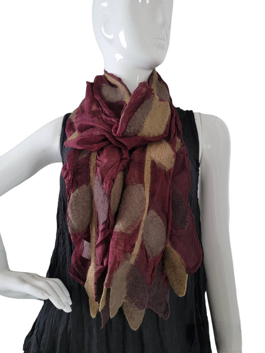 H167 Wool Felt & Silk Scarf Leaves Maroon