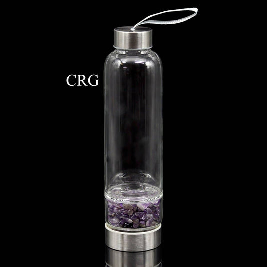 QTY 1 - Metal & Glass Water Bottle / Amethyst Gemstones