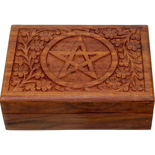 Wood Box Velvet Lined Filigree Pentacle Dark Brown (Each)