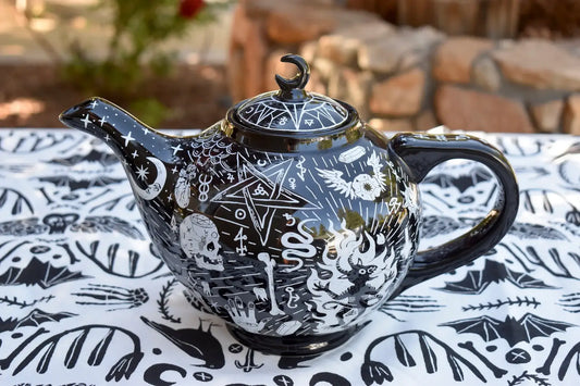 Teapot. Witches Brew Victorian Coven Black Skulls Ceramic