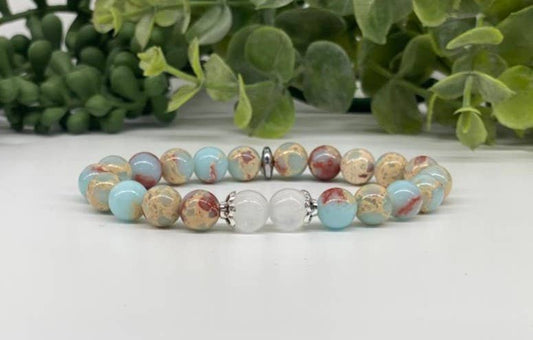 Snake Skin Jasper w/Selenite Bracelet 8mm Beads, 7.5"Long